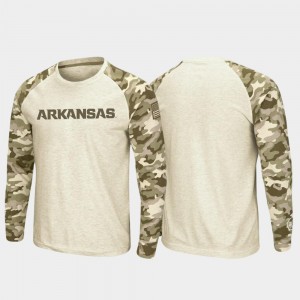 Arkansas Razorbacks Oatmeal Raglan Long Sleeve Desert Camo For Men's College T-Shirt OHT Military Appreciation