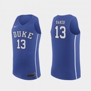 Men Authentic Joey Baker College Jersey #13 March Madness Basketball Royal Duke University