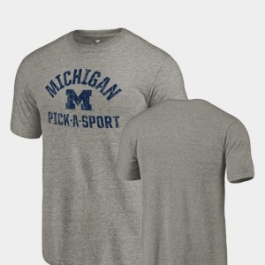 Pick-A-Sport Tri-Blend Distressed Michigan For Men Gray College T-Shirt