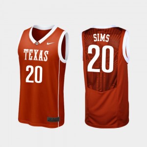 Men's Basketball #20 Texas Longhorns Jericho Sims College Jersey Replica Burnt Orange