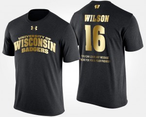 Black For Men's Short Sleeve With Message #16 Russell Wilson College T-Shirt Gold Limited University of Wisconsin