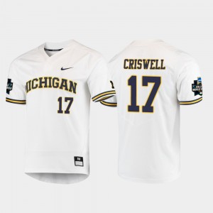 White #17 Jeff Criswell College Jersey Wolverines 2019 NCAA Baseball World Series Mens