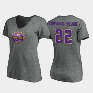 Tigers Heather Gray #22 Women 2019 National Champions V-Neck Visor Clyde Edwards-Helaire College T-Shirt