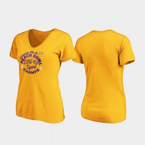 Gold 2019 Peach Bowl Champions College T-Shirt Curl V-Neck Ladies LSU Tigers