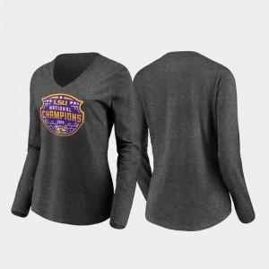 LSU 2019 National Champions College T-Shirt Women's Encroachment Long Sleeve V-Neck Heather Gray