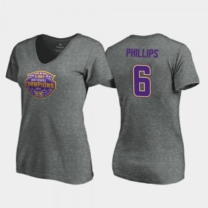 Tigers #6 Jacob Phillips College T-Shirt V-Neck Visor Ladies Heather Gray 2019 National Champions