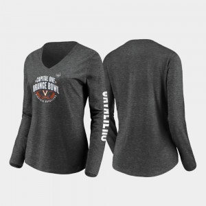 UVA Cavaliers 2019 Orange Bowl Bound College T-Shirt Heather Charcoal Stiff Arm Long Sleeve V-Neck Women's