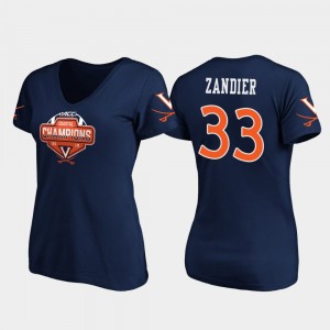 #33 Zane Zandier College T-Shirt Navy Virginia Womens V-Neck 2019 ACC Coastal Football Division Champions