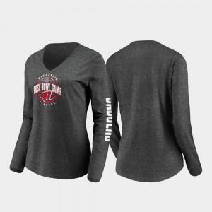 2020 Rose Bowl Bound Wisconsin Badgers Ladies Stiff Arm Long Sleeve V-Neck Heather Charcoal College T-Shirt